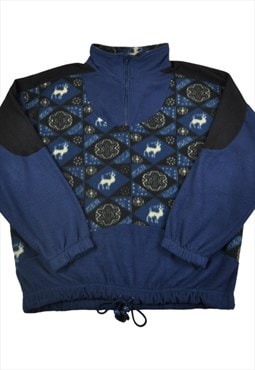 Vintage Fleece 1/4 Zip Retro Pattern Blue/Black XL