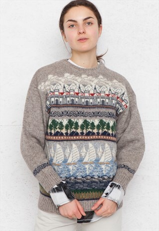 VINTAGE GREY ROUND NECK KNIT JUMPER SWEATER
