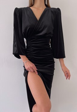 Eva Midi Velvet Ruched Christmas Party Dress in Black