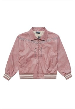 Faux leather varsity jacket baseball bomber retro coat pink