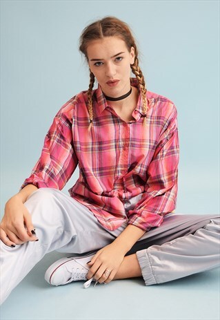 90'S RETRO TARTAN CHECKED PRINT OVERSIZED WORKWEAR SHIRT TOP