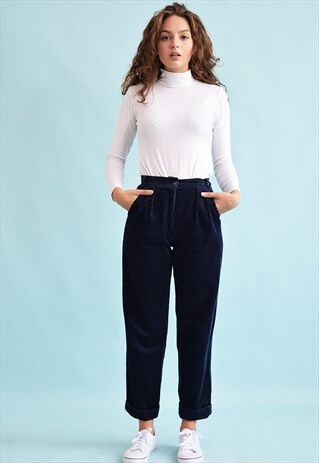80'S RETRO CORDUROY NAVY BLUE HIGH WAIST TROUSERS