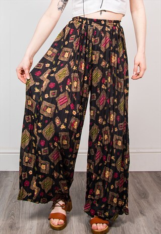 VINTAGE SHEER PLEATED PATTERNED WIDE LEG FESTIVAL TROUSERS
