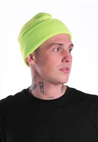 ESSENTIAL CUFFED BEANIE HAT - NEON LIME GREEN YELLOW