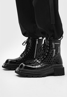 Shiny ankle boots chunky sole grunge patent shoes in black