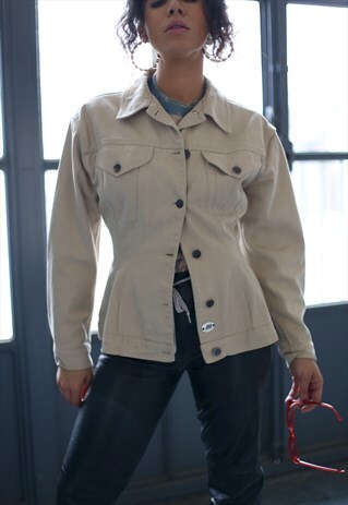 VINTAGE GAULTIER STRUCTURED SAND A-LINE DENIM JACKET BEIGE