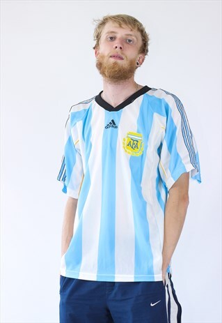 1999 VINTAGE MENS ADIDAS ARGENTINA STRIPED JERSEY SHIRT TEAM