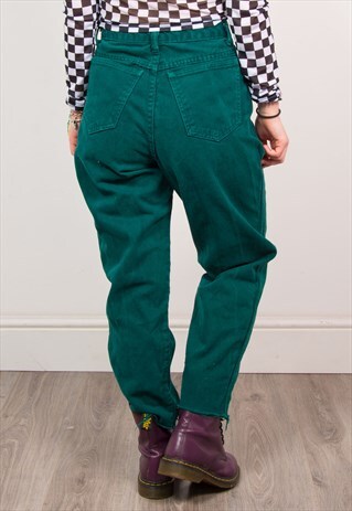 VINTAGE 90'S GREEN DENIM HIGH WAIST RAW HEM MOM JEANS