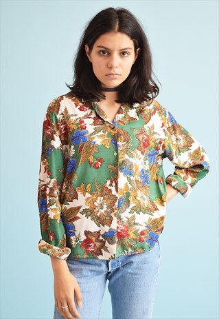 90'S RETRO FLORAL PRINT LOOSE-FITTED MOMS SHIRT TOP