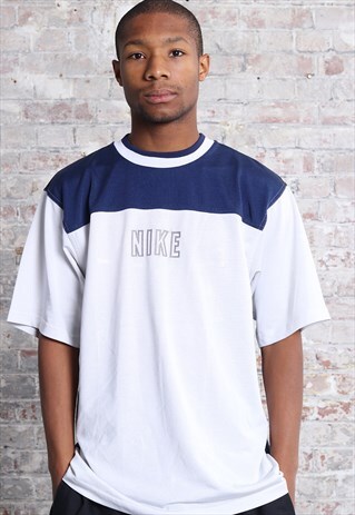 VINTAGE NIKE BIG LOGO SPELLOUT T-SHIRT WHITE AND BLUE
