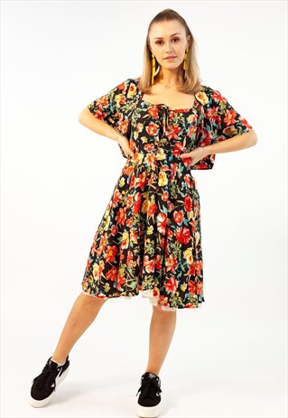 VINTAGE 80S CO ORD BLACK RED FLORAL MIDI DRESS CROP JACKET
