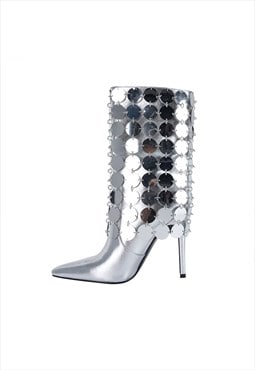 Pointed Toe Sequins Stiletto Fold Over Boots