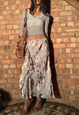 Vintage grey/silver/pink floral ruffled skirt