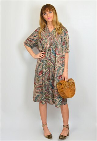 VINTAGE 90S BLUE & GREEN PAISLEY BOHO MIDI SMOCK DRESS