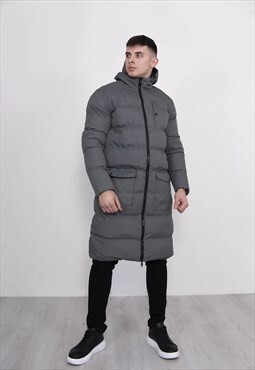 Mens Grey Longline Hooded Puffer Coat