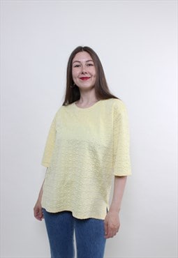 Vintage 90s textured blouse, yellow pullover blouse lace 