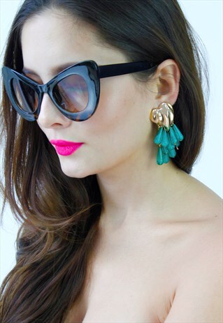 GOLD HEART GREEN BEAD DROP DANGLE EARRINGS