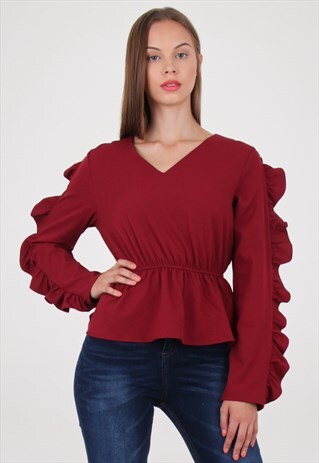 BURGUNDY FRILL SLEEVE PEPLUM TOP