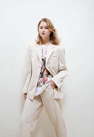 VINTAGE 80S CHIC CREAM PINSTRIPE PANTS AND SUIT SET UNISEX