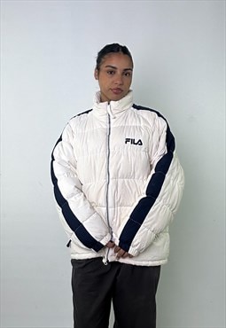 White 90s FILA Embroidered Puffer Jacket Coat