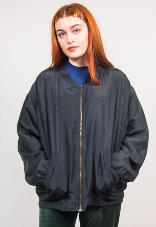 VINTAGE 90'S BLACK SILK LOOSE OVERSIZED BOMBER JACKET