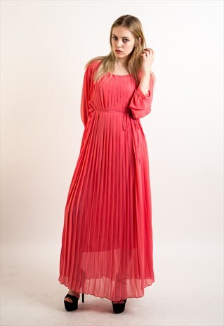 PLEATED LONG SLEEVES MAXI DRESS WEDDING IN CORAL PINK CY