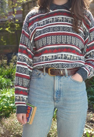 80S VINTAGE RED AND GREY COLLARED KNIT JUMPER
