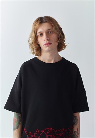 SCRIBBLE - BLACK SHORT SLEEVED OVERSIZED SWEATSHIRT