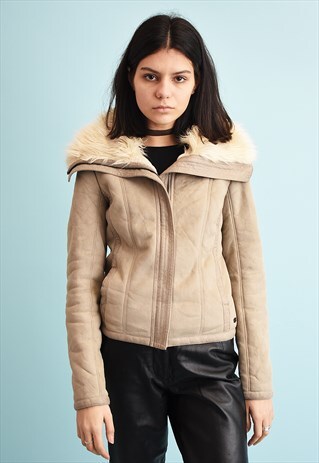 90'S RETRO GUESS FAUX FUR NEUTRAL CROPPED JACKET