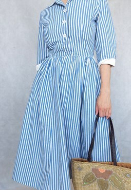 Vintage 60s Cotton Maid Dress, Blue Striped Dress, Medium