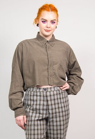 VINTAGE 90'S PALE BROWN CORD CROPPED LONG SLEEVE SHIRT
