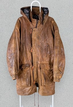 Vintage Brown Real Leather Jacket Hooded Parka Mens Large