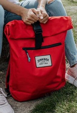 Junkbox Recycled Roll-Top Rucksack in Red Woven Patch