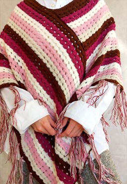 70s Crochet Poncho, Handmade Pink Purple Cape, One Size