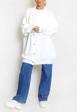Pearl Button Oversized Cardigan In White 