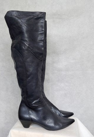 Black leather over the knee tall boots, pointy toe, 38 size