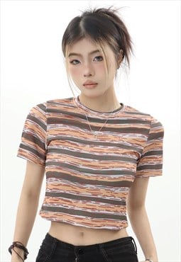 Stripe print crop top preppy t-shirt grunge top in brown