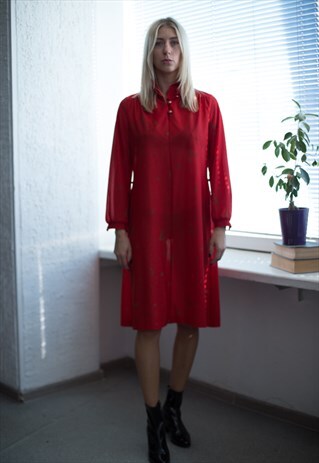 VINTAGE 80'S MIDI RED PATTERNED LONG SLEEVED DRESS