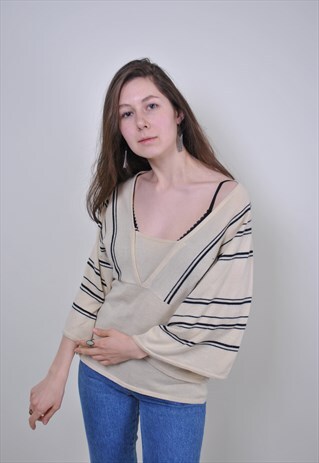 80S MINIMALIST BLOUSE, VINTAGE STRIPED WHITE PULLOVER SHIRT