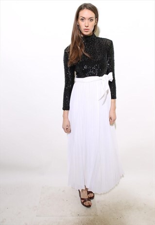 VINTAGE 1960S BLACK AND WHITE SEQUIN PLEATED MAXI GOWN S-M
