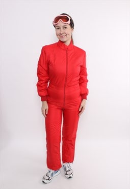 80s one piece ski suit in red, vintage racing full snowsuit