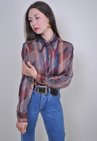 90S BROWN PLAID SHIRT, ABSTRACT PRINT PURPLE BLOUSE