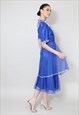 70'S VINTAGE DRESS BLUE LACE SHEER TIERED RUFFLE MIDI