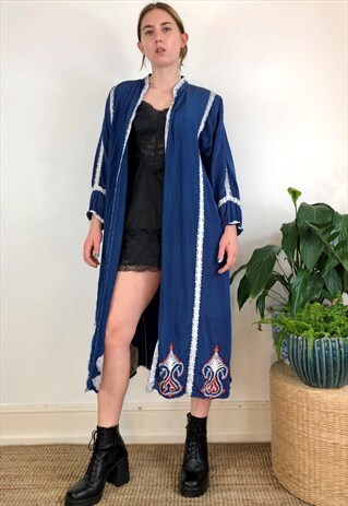 VINTAGE 90S ELECTRIC BLUE GOWN WITH WHITE AND ORANGE TRIM
