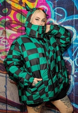 Check bomber jacket handmade reversible chess puffer green