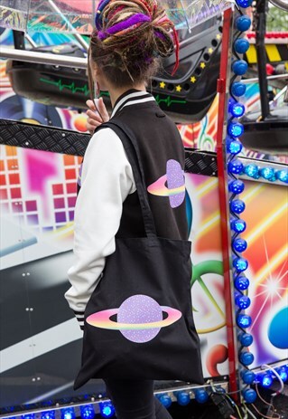 PLANET PURPLE CANDY BLACK TOTE BAG
