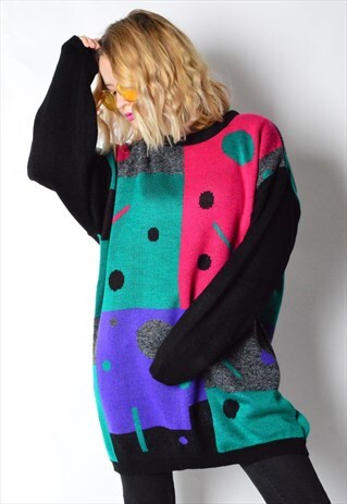 VINTAGE 80S COLOURFUL GEOMETRIC KNIT JUMPER