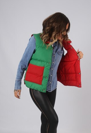 VINTAGE GILET JACKET REVERSIBLE PUFFER RED GREEN UK 14 (LAG)
