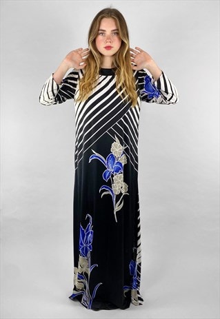 70's Black Vintage Blue White Floral Print Stripe Maxi Dress