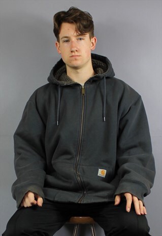 VINTAGE CARHARTT SHERPA FLEECE LINED HOODIE IN NAVY BLUE WIT